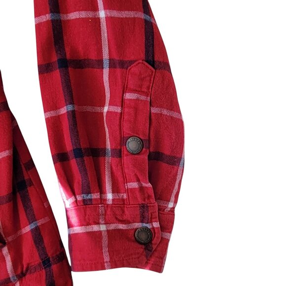 Duluth Free Swingin' Red Plaid Fleece Lined Snap Front Shirt Jacket Shacket Sz L - Picture 9 of 12